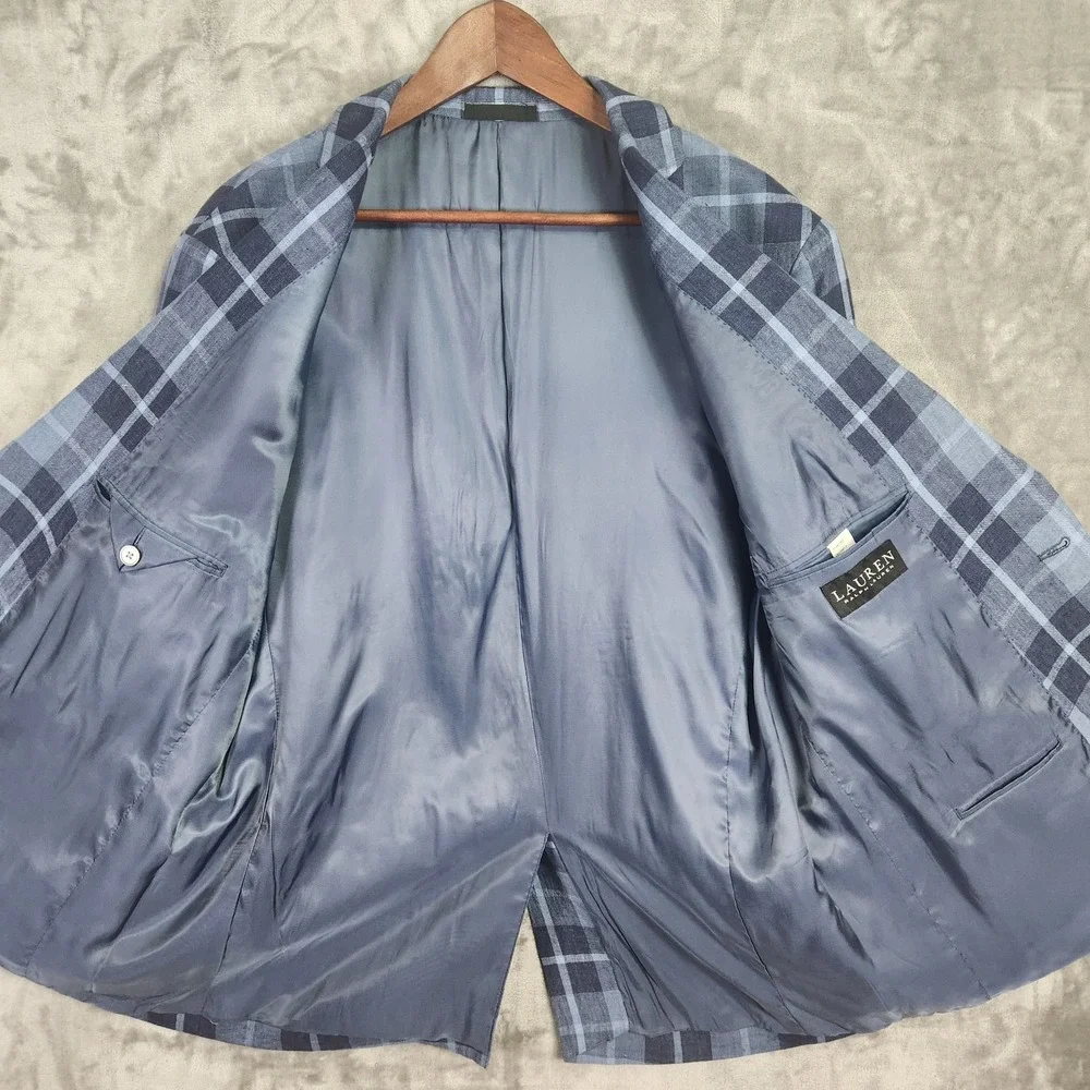 Lauren Ralph Lauren Blazer Mens 46R Blue Plaid Linen Preppy Old Money Classic